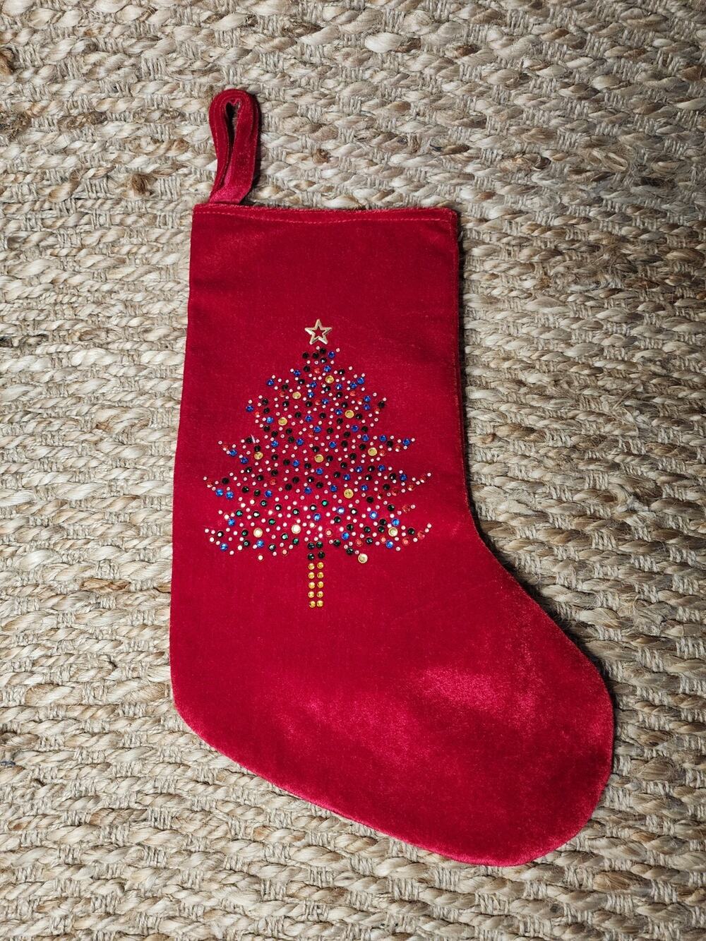 Velour Christmas Stocking Holiday Embellished Christmas Tree 10" x 18" RED